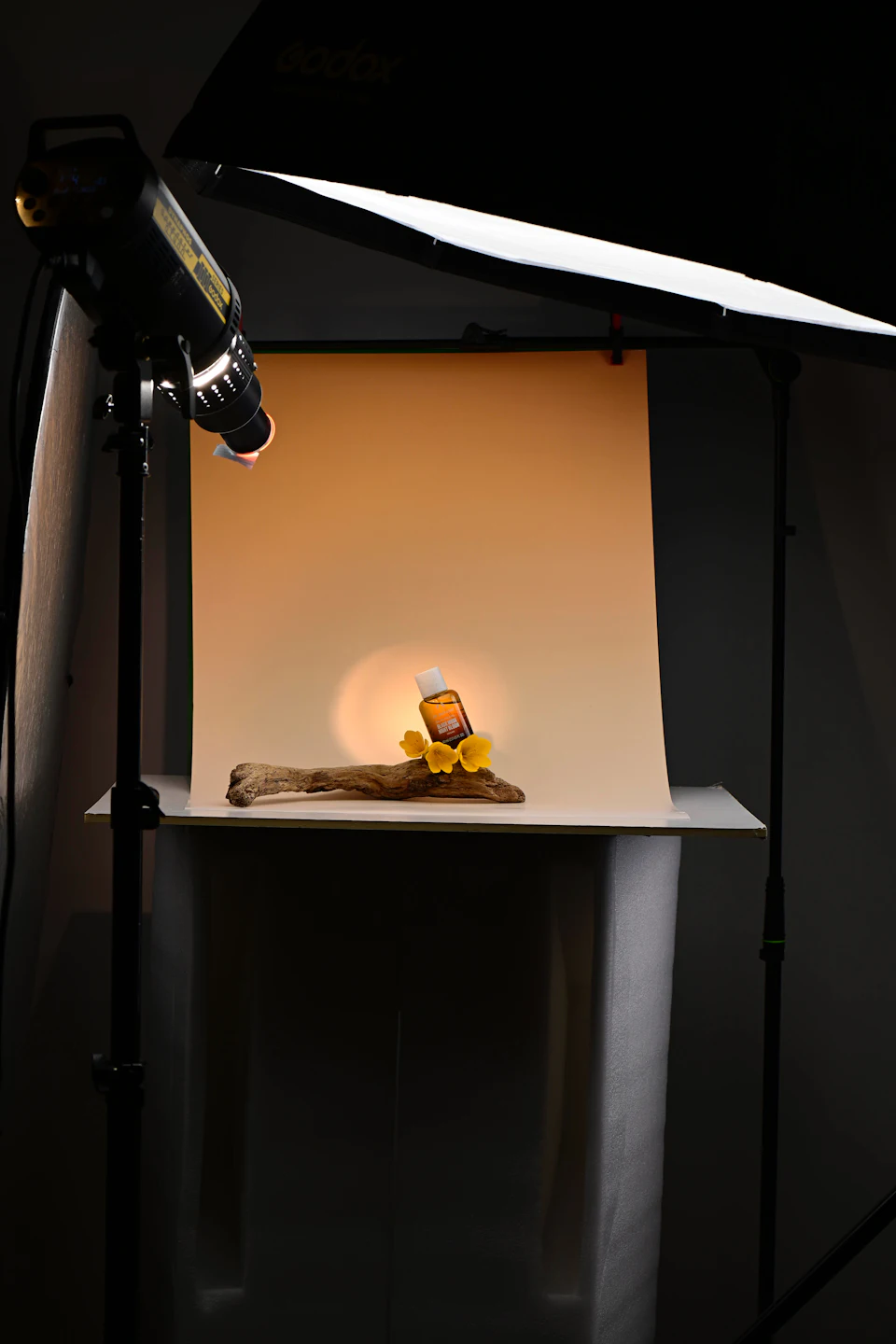 Product bottle on driftwood under studio lights